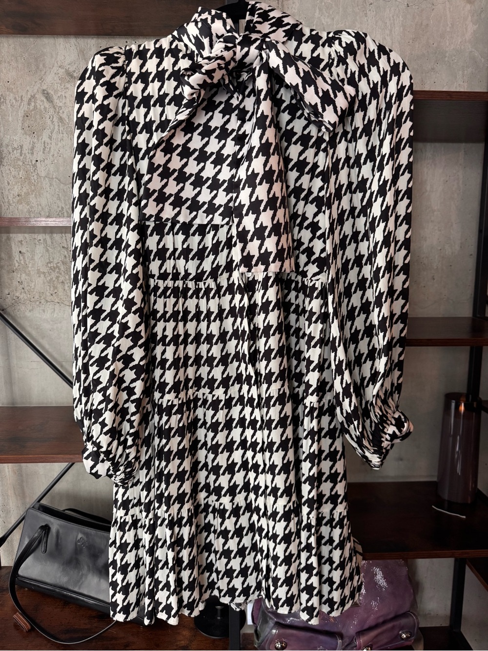 Alice + Olivia Black and White Houndstooth Tie-Neck Long Sleeve Dress